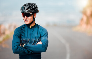 Cycling, cyclist or sports man, arms crossed and ready to cycle, ride or exercise on road. Health,...