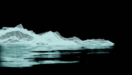Island wireframe and its reflection on a sea (3D Rendering)