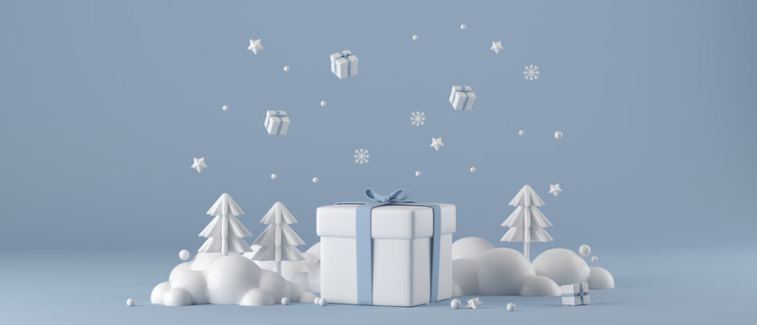 Merry Christmas and Happy New Year background. 3d Xmas design gift boxes, snow dorp and christmas tree winter season concept for promotion, banner, brochure. 3d rendering illustration
