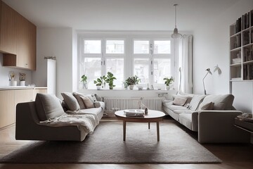 Fototapeta premium interior design spacious bright studio apartment in Scandinavian style and warm pastel white and beige colors. trendy furniture in the living area and modern details in the kitchen area.