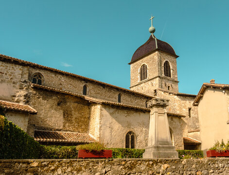 Fortified medieval church of P&eacute;rouges, famous French village, Auvergne Rh&ocirc;ne Alpes, Ain, France.