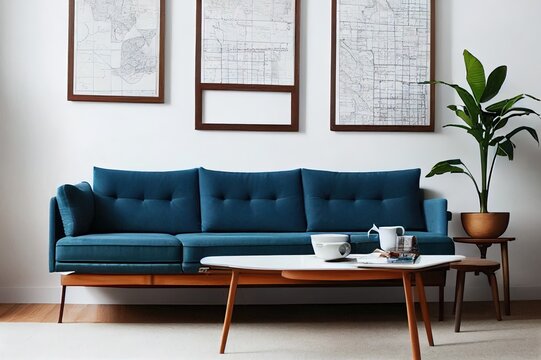 Modern retro concept of home interior with design sofa, armchair, coffee table, plants, mock up poster map, carpet and personal accessoreis. Stylish home decor of living room.
