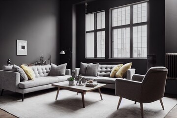 Stylish retro armchair next to industrial coffee table with candles in trendy living room interior with scandinavian sofa and mockup on the wall