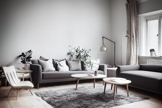 Stylish scandinavian interior of living room with design wooden table, chairs, grey sofa, decoration, personal accessories and beautiful dog in elegant home decor.