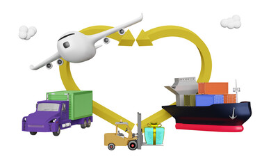 semi truck and cargo ship and plane with arrow, center and air cargo trucking, maritime shipping, land transport concept, 3d illustration or 3d render