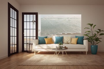 Coastal boho living room interior background, wall mockup, 3d render