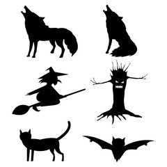 Halloween day silhouettes character,bat,cat, evil tree,wolf and witch