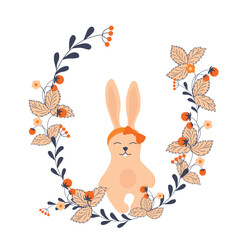 bunny girl in a round frame. Flowers and berries. Earthworm and leaves. Cute rabbit. Symbol 2023. Vector stock illustration. Isolated on a white background.