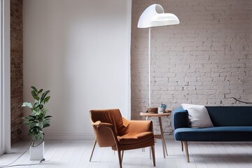 White regale with home decorations, standing lamp and modern chair standing in light room with brick wall design