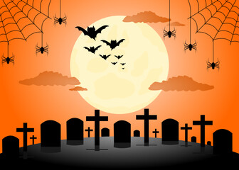 Full moon on Halloween day night. Cemetery grave. The silhouette of bats,web and spider. Vector illustration