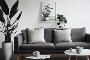 Real photo of grey sofa with green cushion and blanket standing in white living room interior with simple posters, fresh plants, armchair and wooden coffee table with open book and tea mug