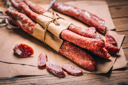 Spanish salami fuet - dry-cured and natural fermented sausages