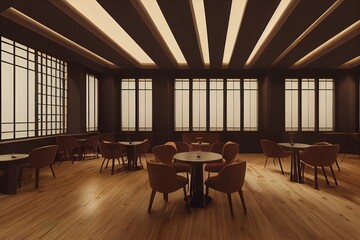 Dark wooden panoramic cafe interior in a skyscraper with a wooden floor, round tables and chairs near them. 3d rendering mock up
