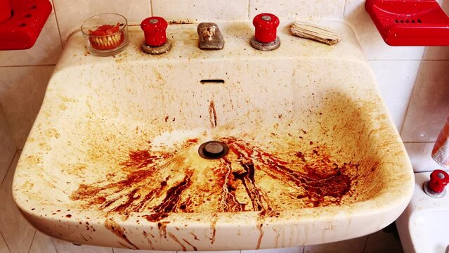 Horrible dirty lousy Bathroom Sink with False Teeth in a glass