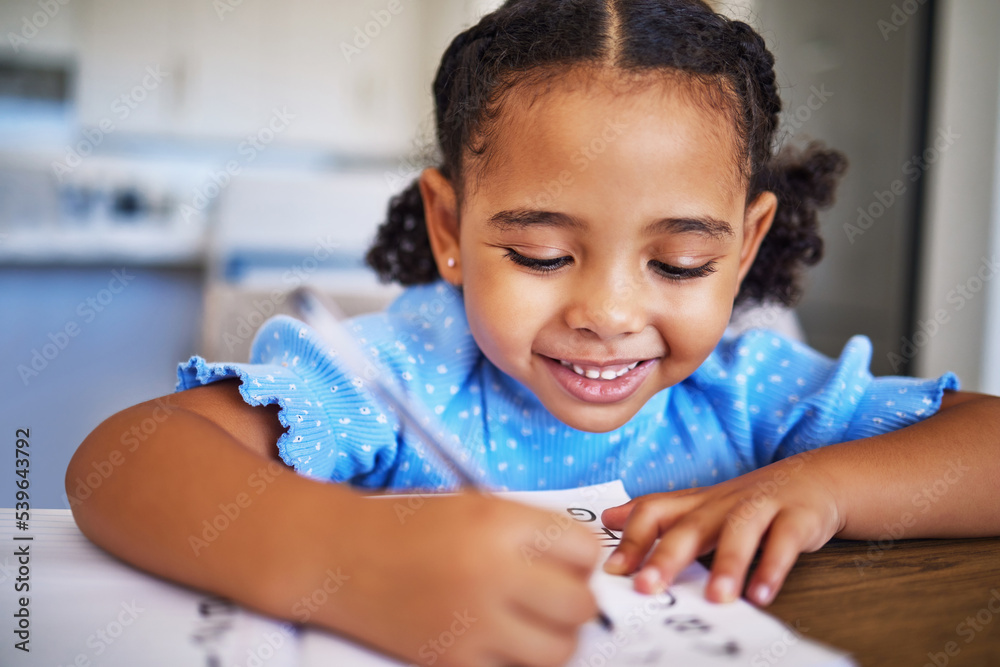 Poster homework, drawing and child writing in a notebook for education, learning and knowledge in her house