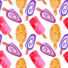Ice cream watercolor seamless pattern on white background, wrapping paper, textile, wallpaper 