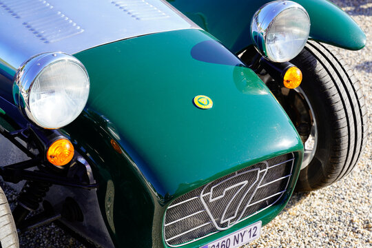 lotus 7 logo brand and text sign on vintage race seven hood racing car