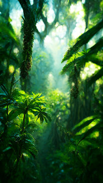 Fantastic lush jungle, Tall trees and green vines all around