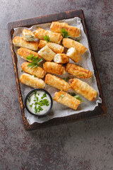 Sigara Boregi Turkish Cigar Shaped Rolls stuffed with cheese and herbs closeup on the wooden board on the table. Vertical top view from above