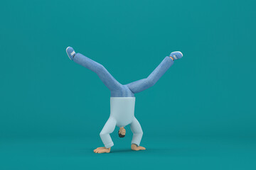 cartoon character wearing jeans and white long sleeve shirt.  3d illustrator in acting. He is doing exercise.