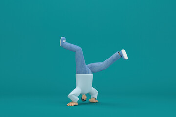 Fototapeta na wymiar cartoon character wearing jeans and white long sleeve shirt. 3d illustrator in acting. He is doing exercise.