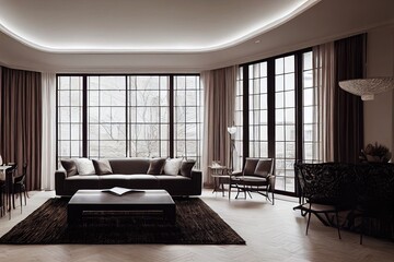 snow white luxury apartment interior with Egyptian style decor with light stylish furniture. huge panoramic windows and an archway. minimalism and simplicity with the elegance of modern housing design
