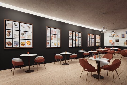 Front view of a modern cafe interior with two vertical posters on a concrete wall, wooden floor, round tables and chairs and beige sofas near tall windows. 3d rendering mock up