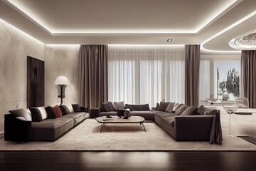 Modern interior design of Italian style living room, contemporary, luxury, night scene, 3d rendering, 3d illustration