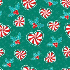 Romantic Christmas. Seamless vector illustration with mistletoe and heart shaped candy canes. Winter backdrop - 539645987