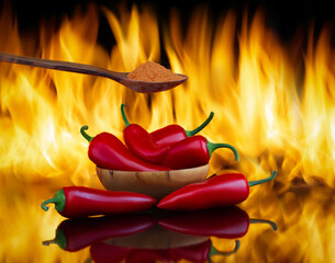 Red hot chili peppers in pods and ground. Flame and fire. Photo.