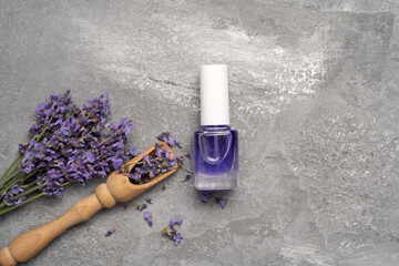 Bottle of essential oil and lavender flowers on gray background. lavender cuticle oil. Flat lay