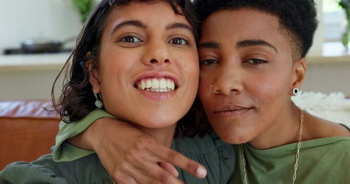 Lesbian couple, comic and selfie of black women taking a picture with a comedy and funny face. Portrait of a happy queer girlfriend with a love, care and silly faces picture on house living room sofa