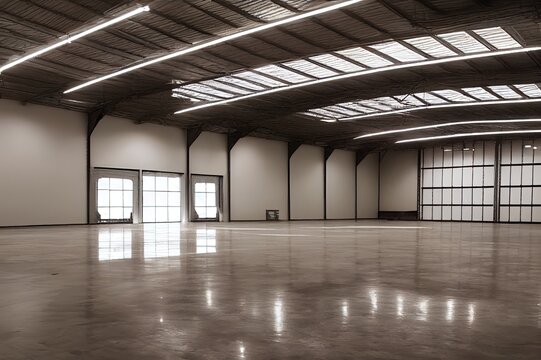 Warehouse interior. Empty warehouse without anyone. New warehouse interior without shelving. Storage room for company products. Spacious hangar with metal roof. Rental industrial premises. 3d image.