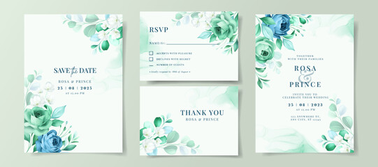Fototapeta na wymiar Beautiful floral on wedding invitation card set template, greenery wedding invitation, floral wedding invitation