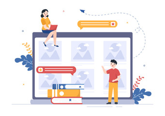 Photo Gallery on Mobile App and File on Computer Containing Images, Documents or Videos in Flat Style Cartoon Hand Template Illustration