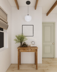 home interior corridor with roman blind ,window ,wood console ,plan ,pendant ,beam , empty frame ,door 3d render background