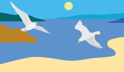 Obraz premium Seascape with waves, cloudy sky and seagulls. Sail on the horizon. Tourism and travelling. Vector design 