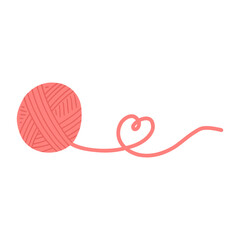 Colorful yarn ball making heart shape. Hand drawn vector illustration of knitting supplies, hobby items, needlework, leisure time concept