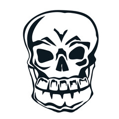 Spooky human skull for Halloween black and white monochrome vector illustration isolated on white background. Frightening Halloween skull.