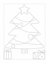 Christmas Tree, Continue the pattern with pen, dotted line practice worksheet for preschoolers