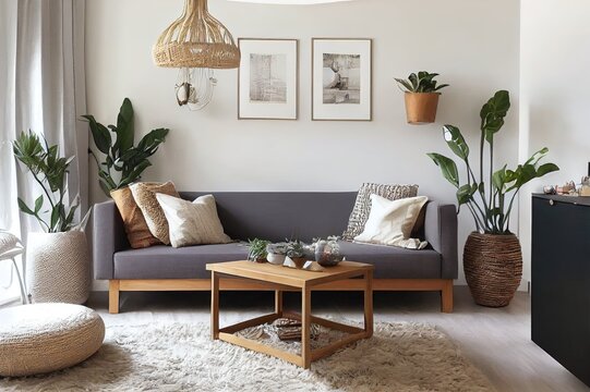 Design bohemian composition of living room interior with gray sofa, wooden cube, commode, beige macrame, rattan lamp ,plants, plaid, flowers and elegant accessories. Stylish home decor. Template.