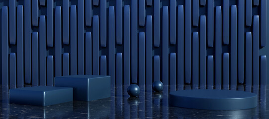 Deep blue cylinder podium with decorative objects on blue background.  Stand to show products. Modern pedestal display with copy space. Banner size. Website cover template. 3D rendering.