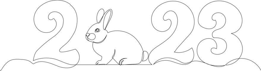rabbit and 2023 year drawing by one continuous line, vector