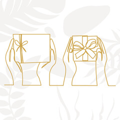 hands holding gifts one continuous line drawing, vector