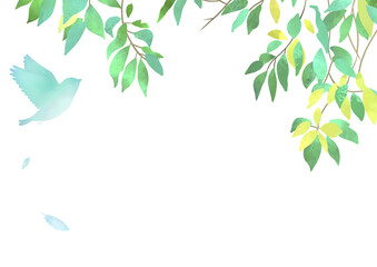 水彩の葉と鳥　ボタニカルフレーム