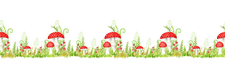 Amanita muscaria watercolor seamless border, Fly agaric mushroom with grass. White spotted toxic red mushrooms. Hand drawn Illustration on transparent background png