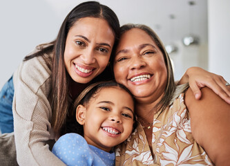 Love, family and portrait of multigenerational women on a sofa, relax, happy and bonding in a...