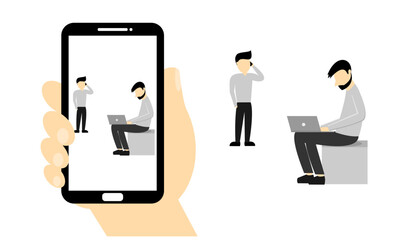 People who use phones take pictures man who are using laptops, and men are talking on the phone. Concept using technology. Modern communication. Vector illustration