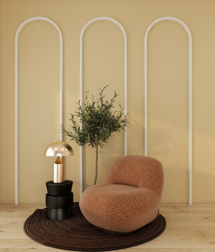 home interior relax area with yellow wall ,fluffy orange armchair ,brown carpet ,gold table lamp , black side table ,plant ,white  moulding 3d render background.