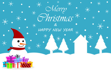 Fototapeta na wymiar Merry Christmas and Happy new year Text. Letters for the holiday greeting gift poster. Xmas card. Design for Christmas day festival. Happy snowman in winter. Gift Box. Vector illustration.